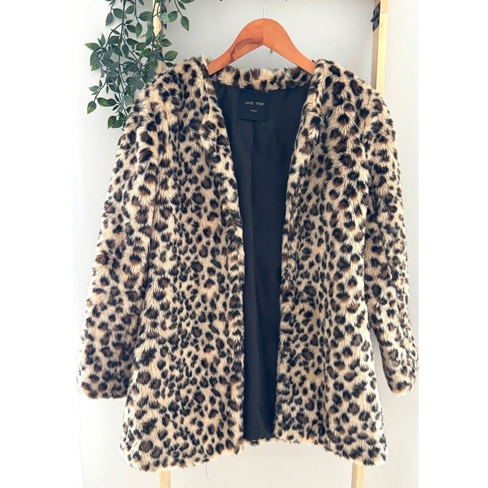 Love Tree Leopard Print Faux Fur Coat Women Small Brown Tan Animal Print Jacket